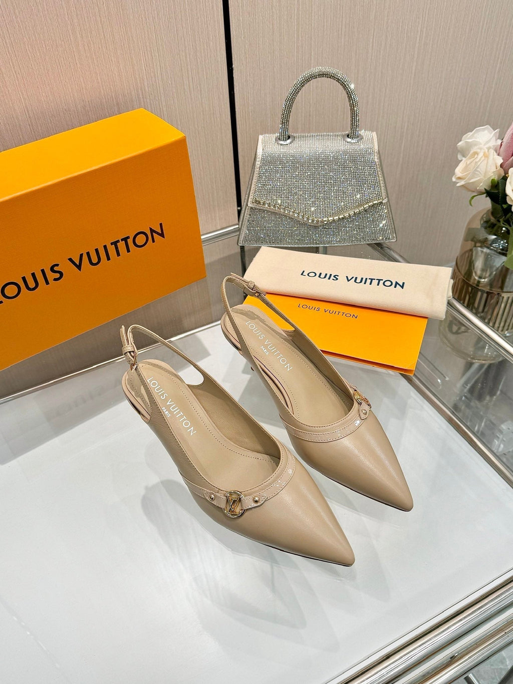 LOUIS VUITTON 6AM SLINGBACK HIGH HEELS 55 MM IN TAN BEIGE LAMBSKIN