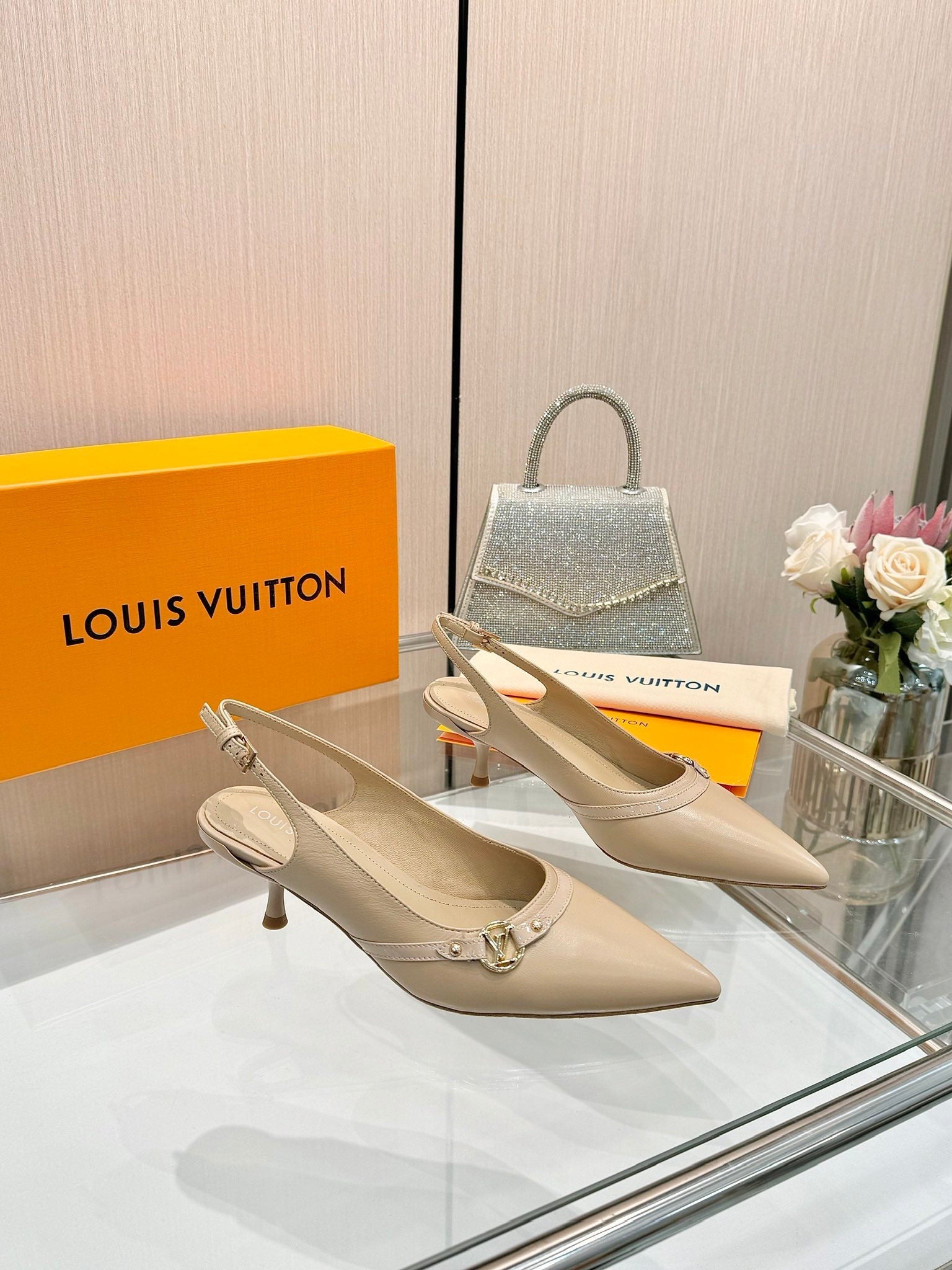 LOUIS VUITTON 6AM SLINGBACK HIGH HEELS 55 MM IN TAN BEIGE LAMBSKIN