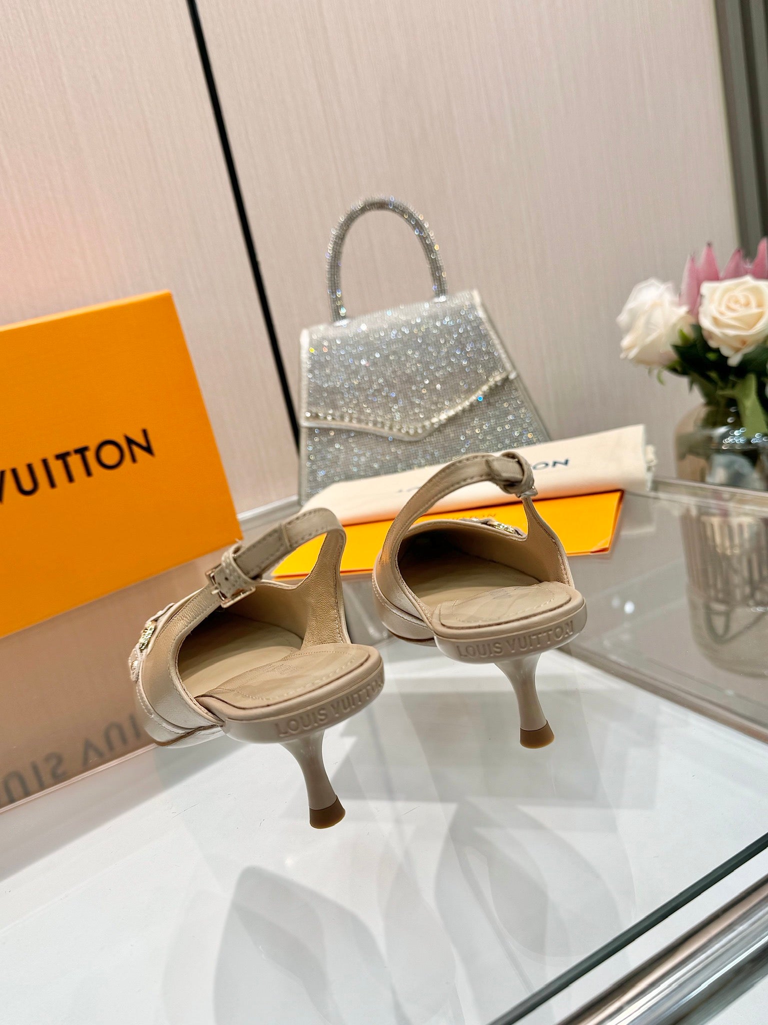 LOUIS VUITTON 6AM SLINGBACK HIGH HEELS 55 MM IN TAN BEIGE LAMBSKIN