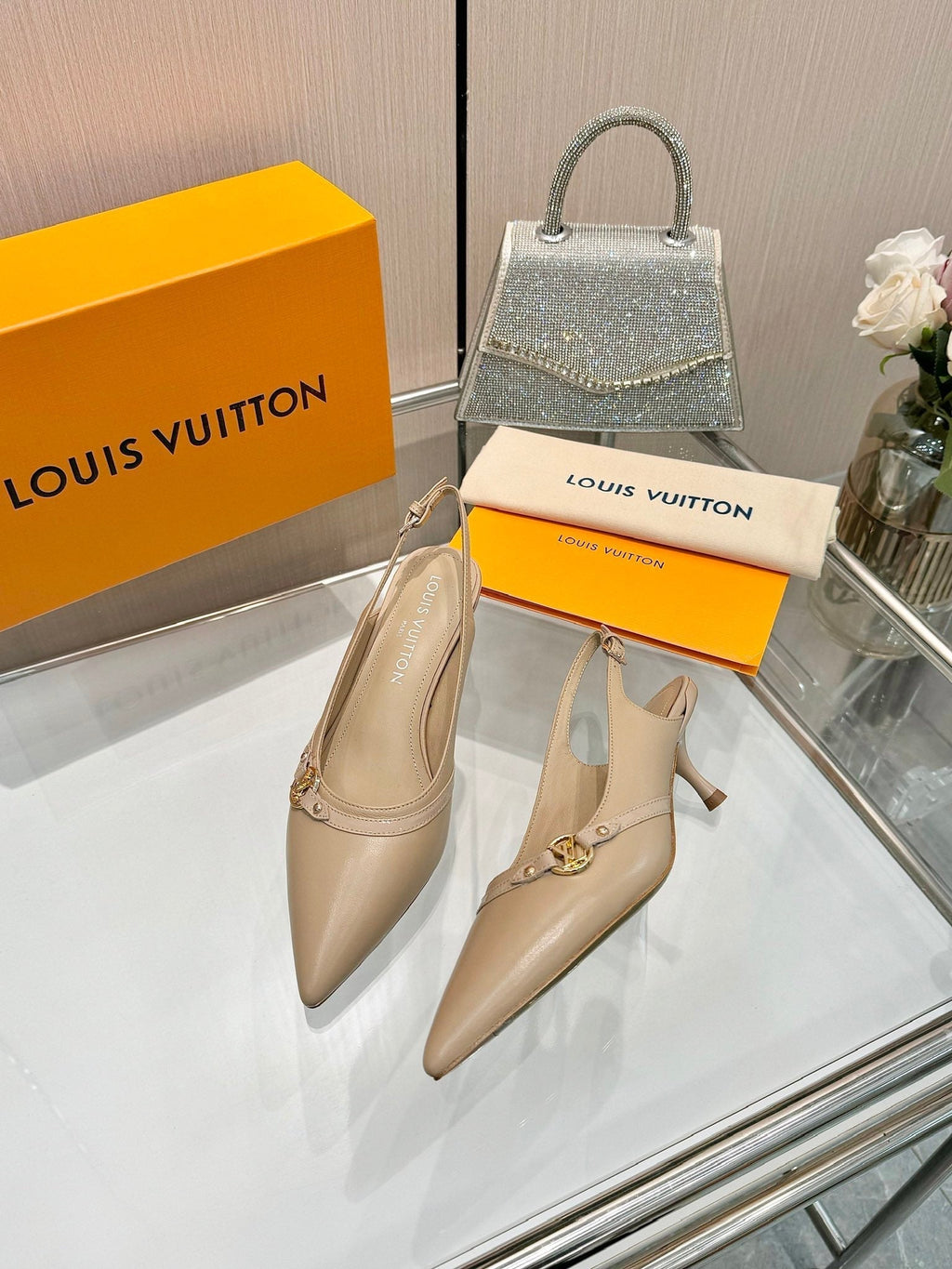 LOUIS VUITTON 6AM SLINGBACK HIGH HEELS 55 MM IN TAN BEIGE LAMBSKIN