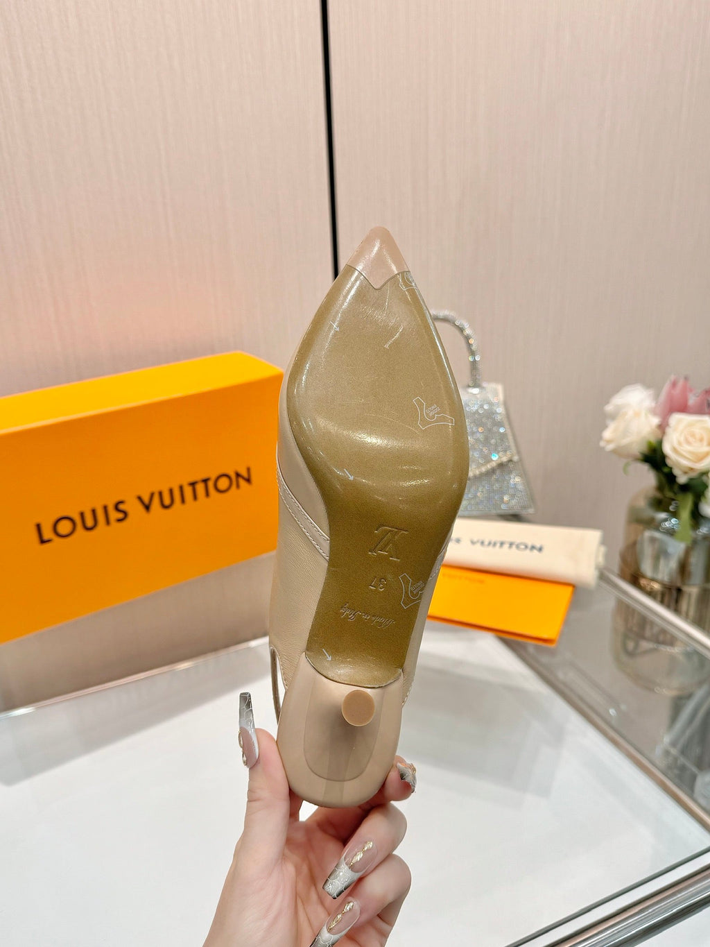 LOUIS VUITTON 6AM SLINGBACK HIGH HEELS 55 MM IN TAN BEIGE LAMBSKIN