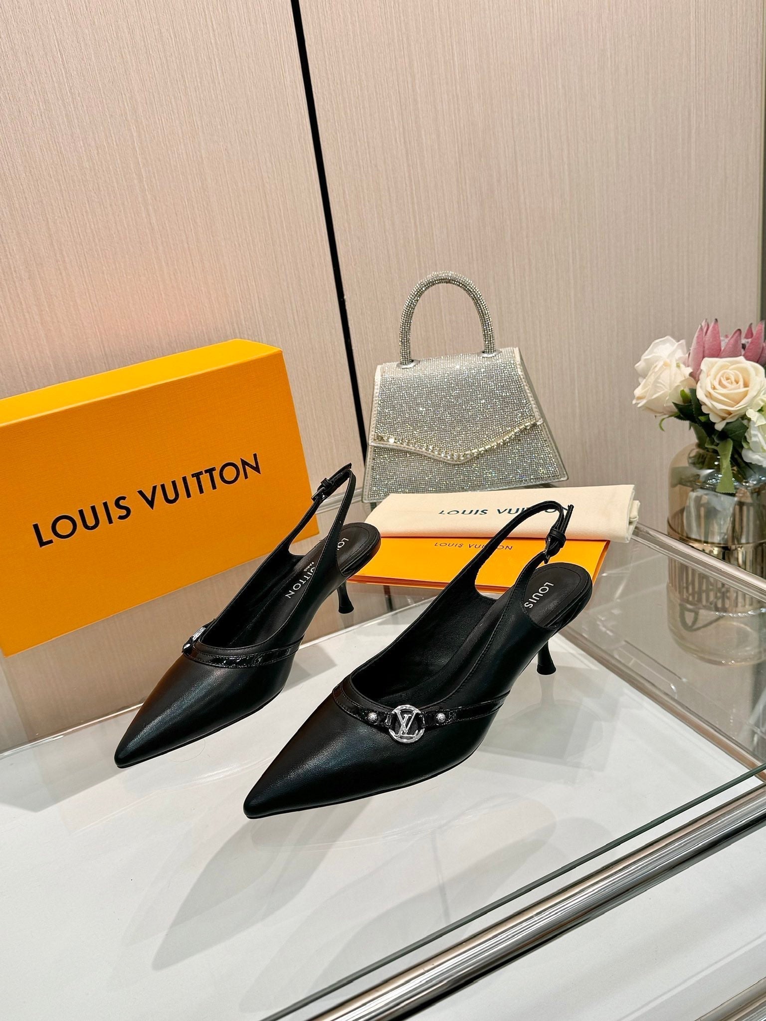 LOUIS VUITTON 6AM SLINGBACK HIGH HEELS 55 MM IN BLACK LAMBSKIN