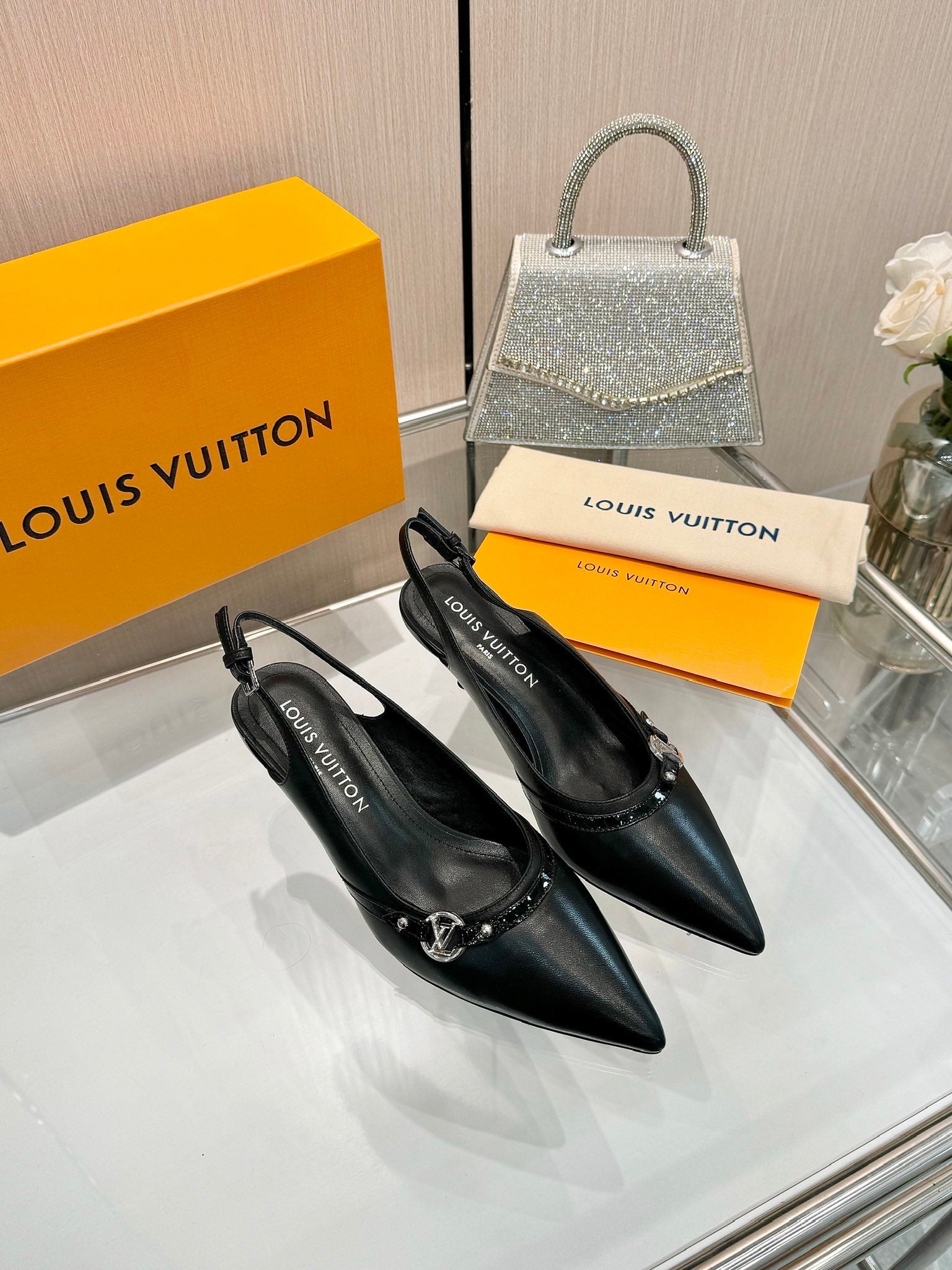 LOUIS VUITTON 6AM SLINGBACK HIGH HEELS 55 MM IN BLACK LAMBSKIN