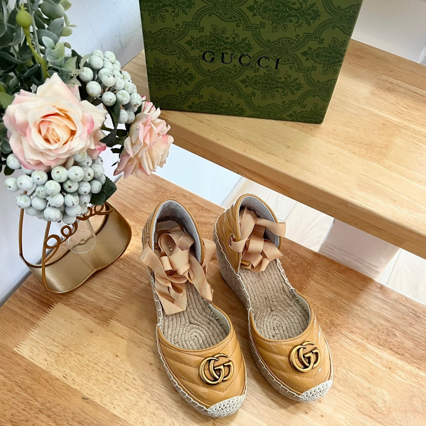 GUCCI Crochet platform Espadrilles Blush Amber Yellow