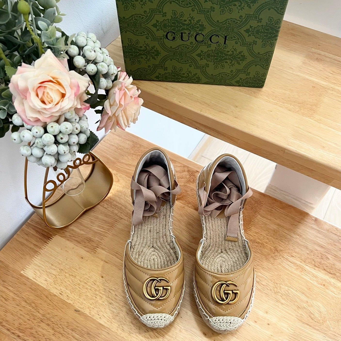 GUCCI Crochet platform Espadrilles Saddle Brown