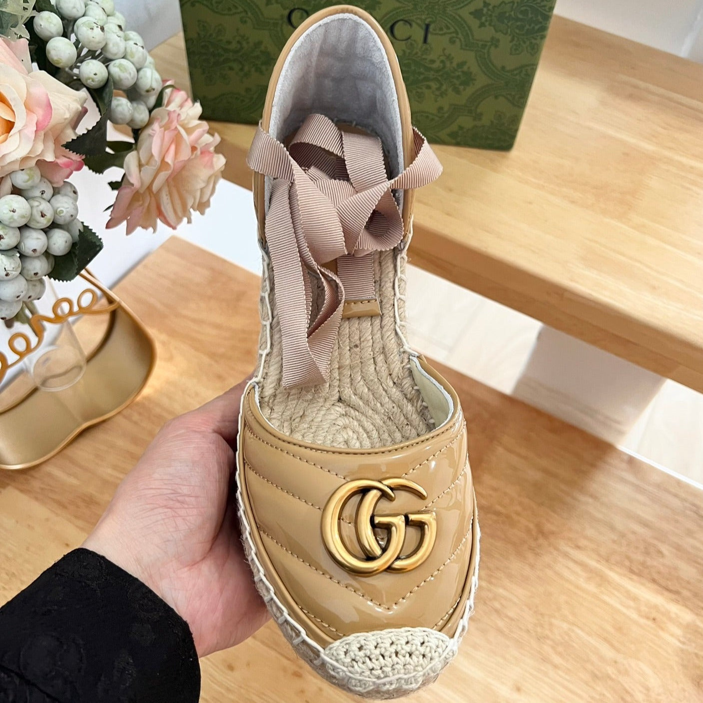 GUCCI Crochet platform Espadrilles Saddle Brown