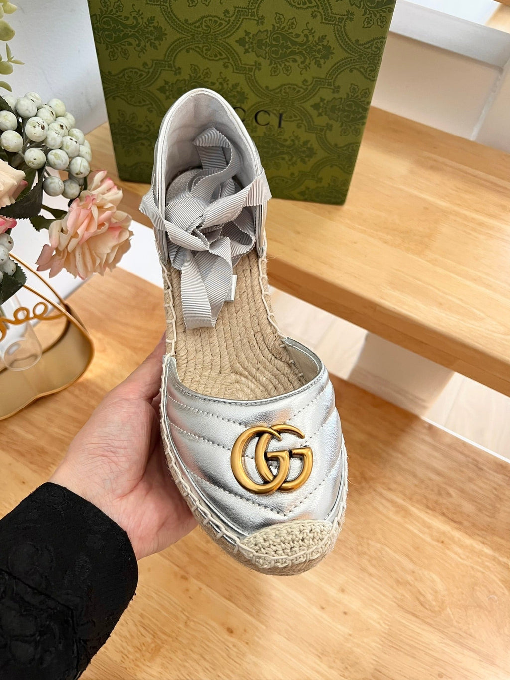 GUCCI Crochet platform Espadrilles Silver