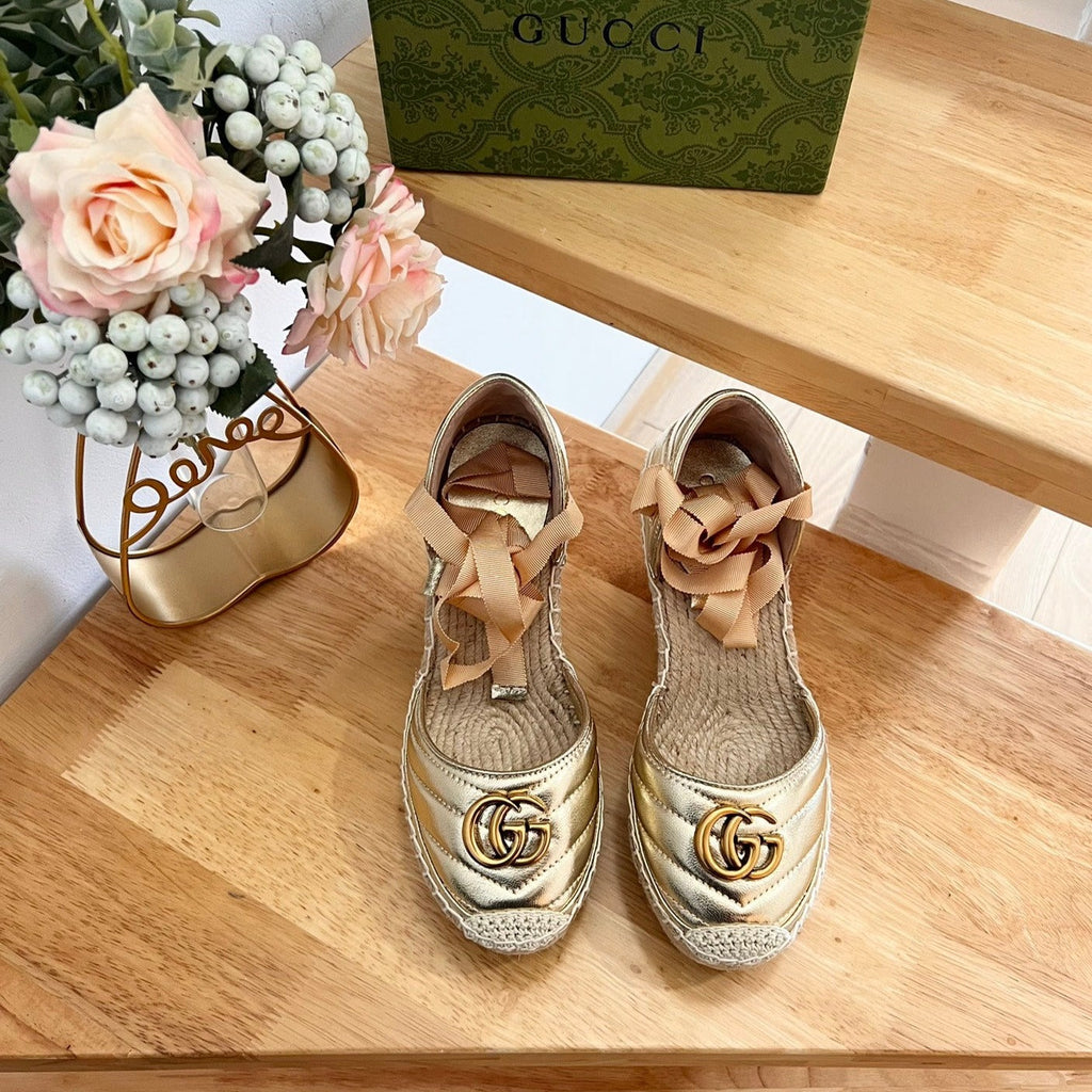 GUCCI Crochet platform Espadrilles Rose Tan Leather