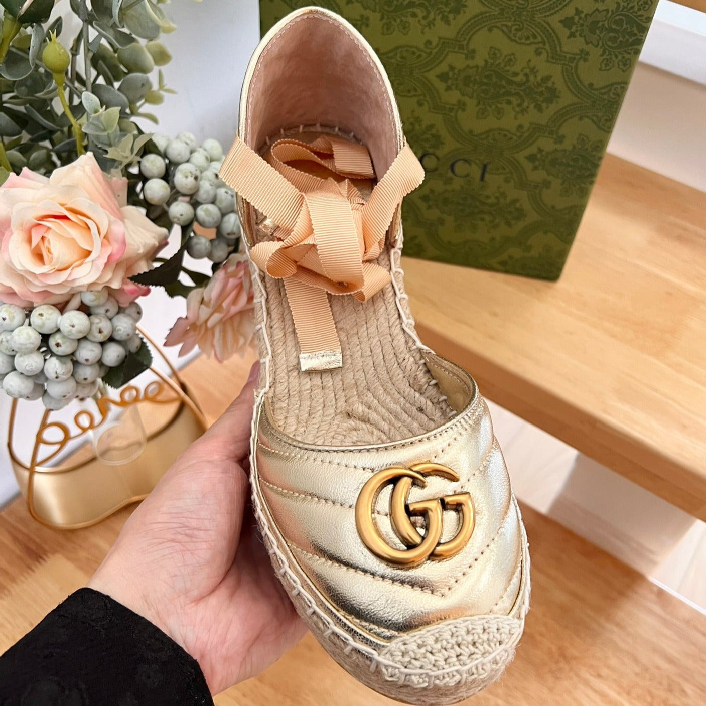 GUCCI Crochet platform Espadrilles Rose Tan Leather