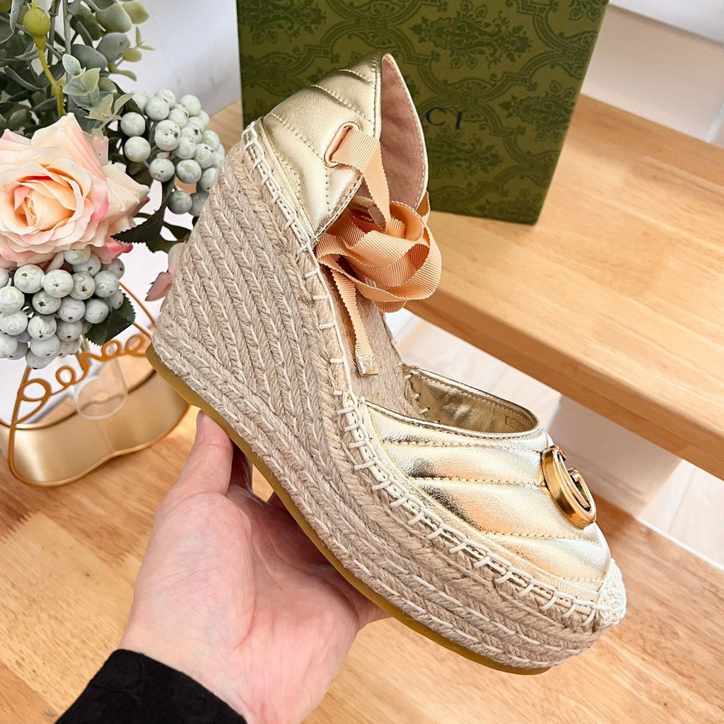 GUCCI Crochet platform Espadrilles Rose Tan Leather