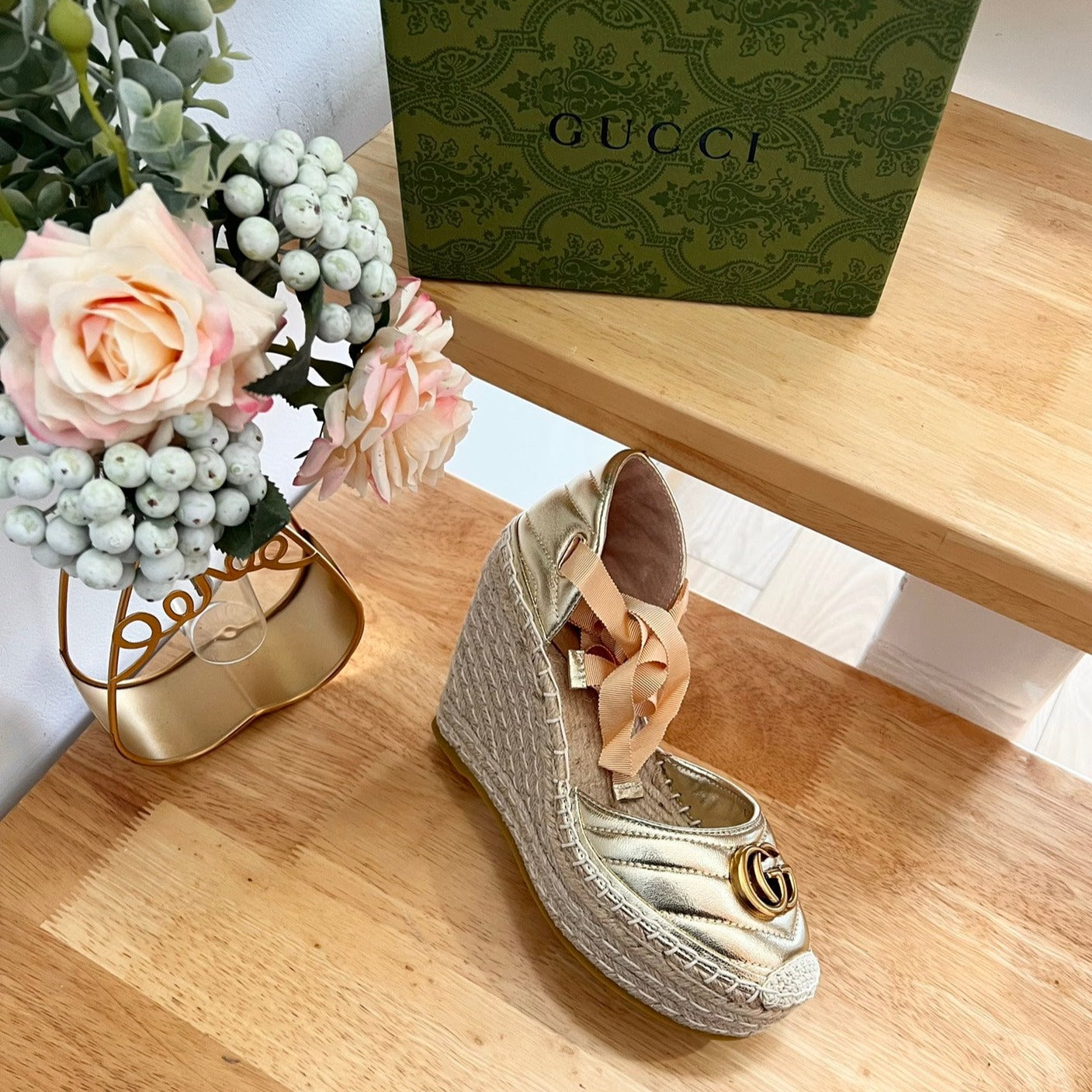 GUCCI Crochet platform Espadrilles Rose Tan Leather