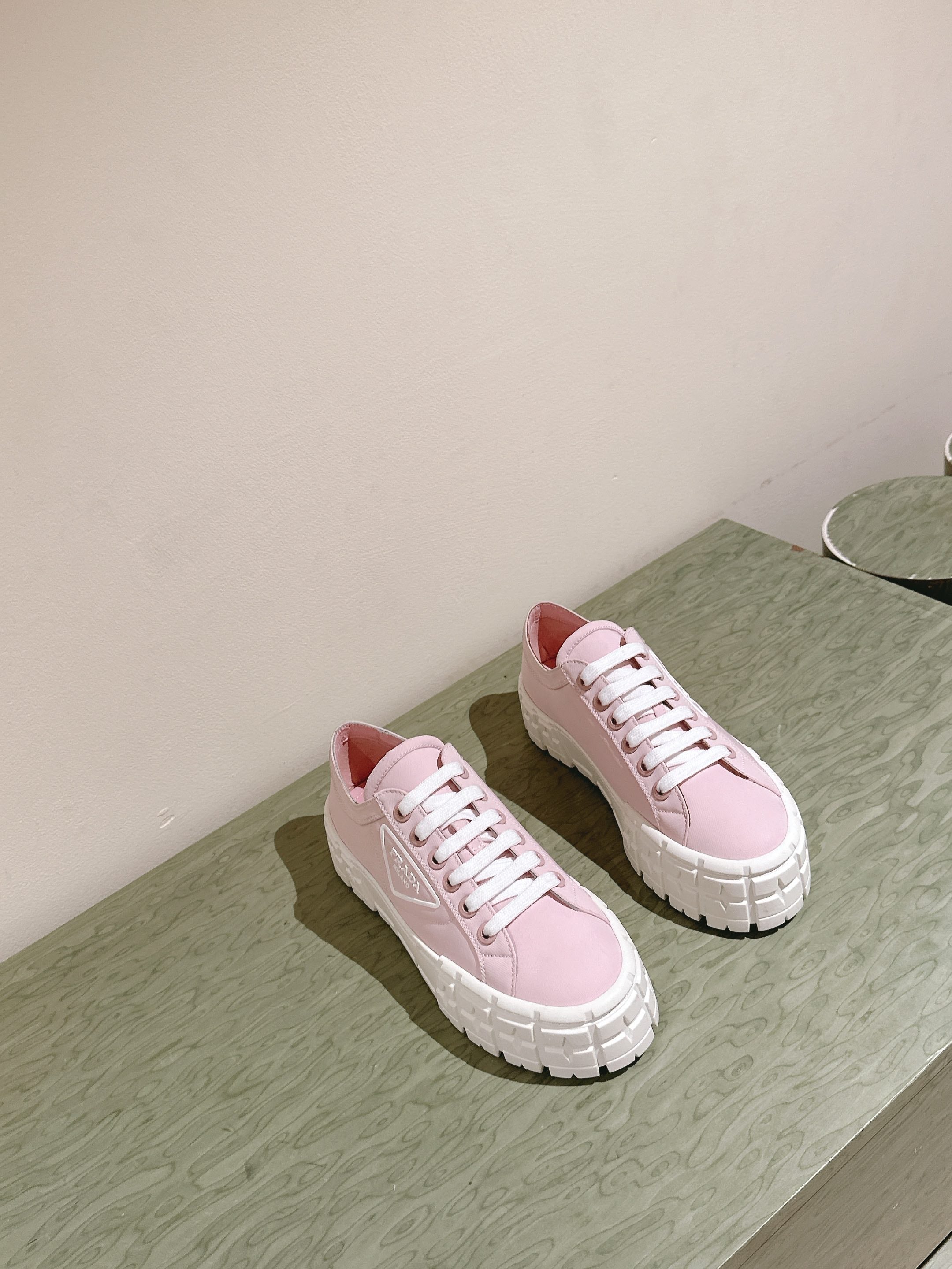 PRADA DOUBLE WHEEL RE-NYLON GABARDINE SNEAKERS PASTEL PINK CALFSKIN