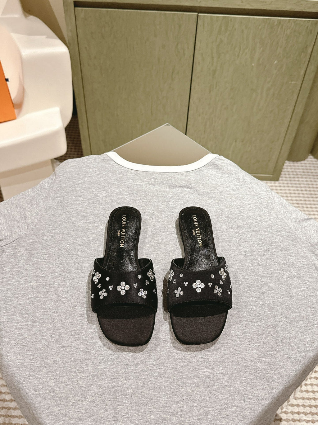 LOUIS VUITTON LV WOMEN FLAT MULE IN BLACK SATIN WITH RHINESTONE