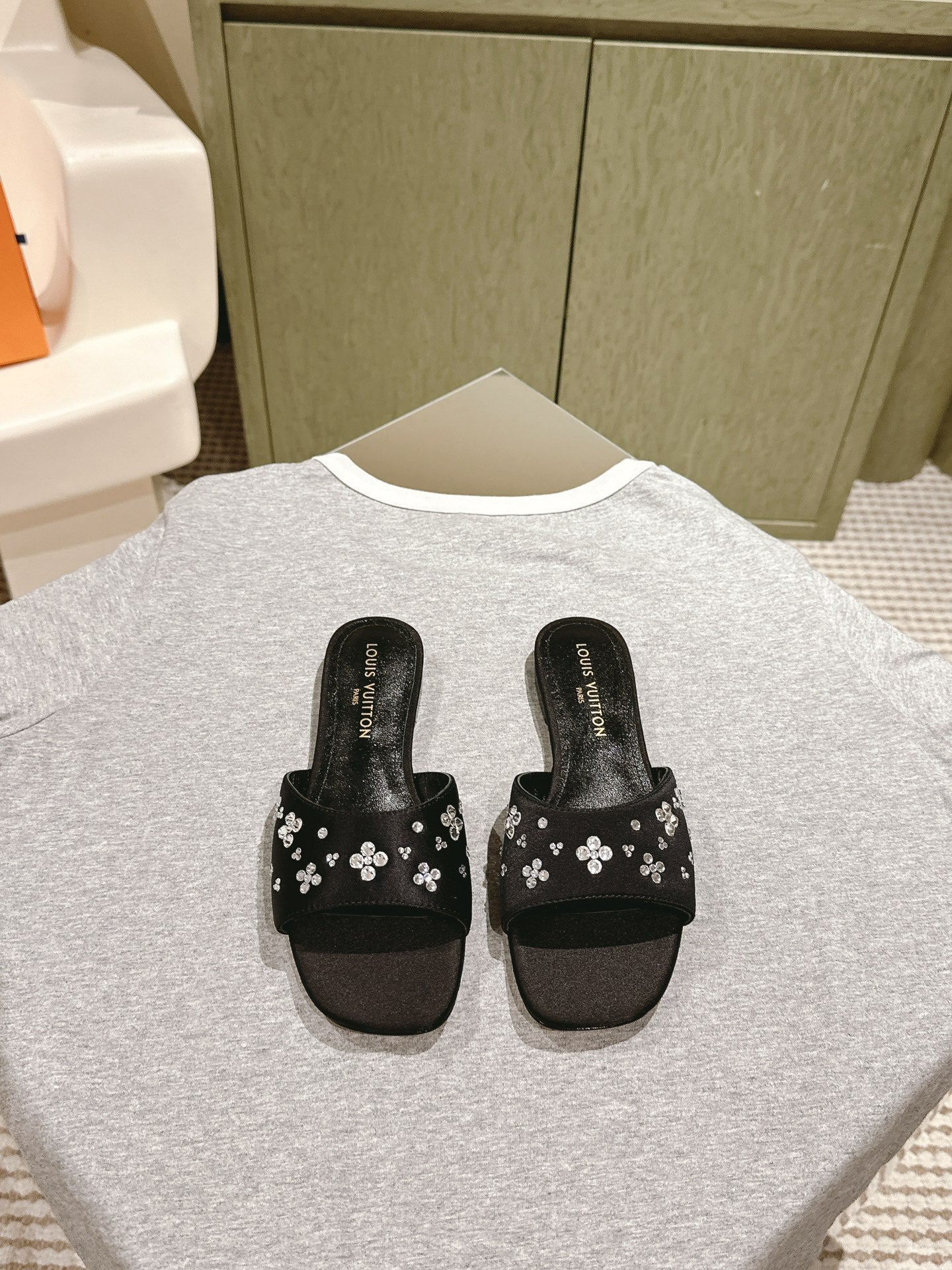 LOUIS VUITTON LV WOMEN FLAT MULE IN BLACK SATIN WITH RHINESTONE