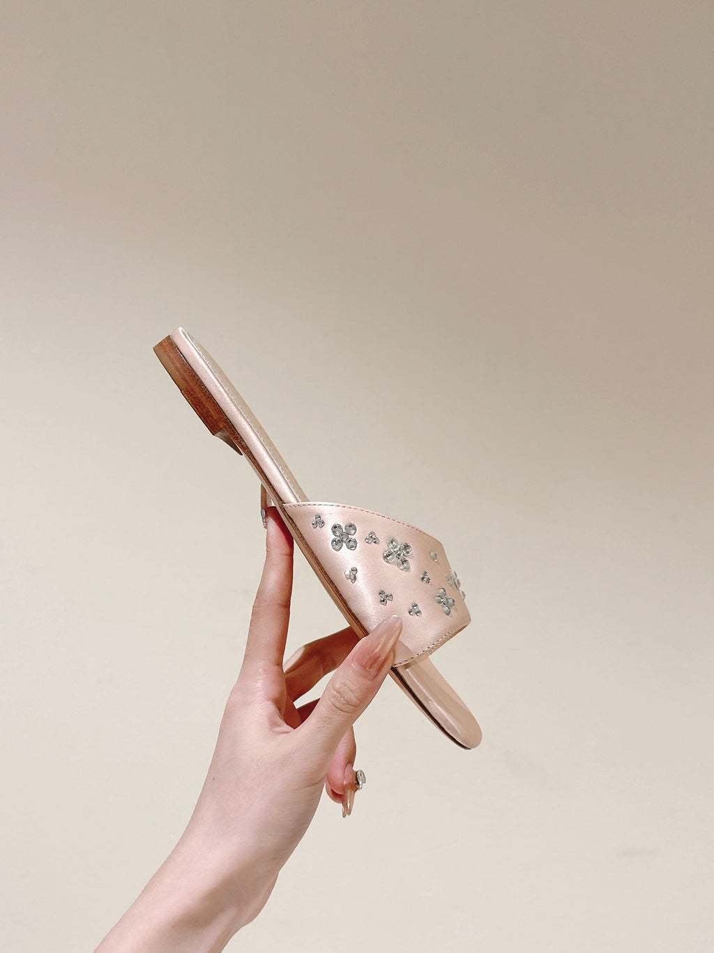 LOUIS VUITTON LV WOMEN FLAT MULE IN ALMOND BEIGE SATIN WITH RHINESTONE