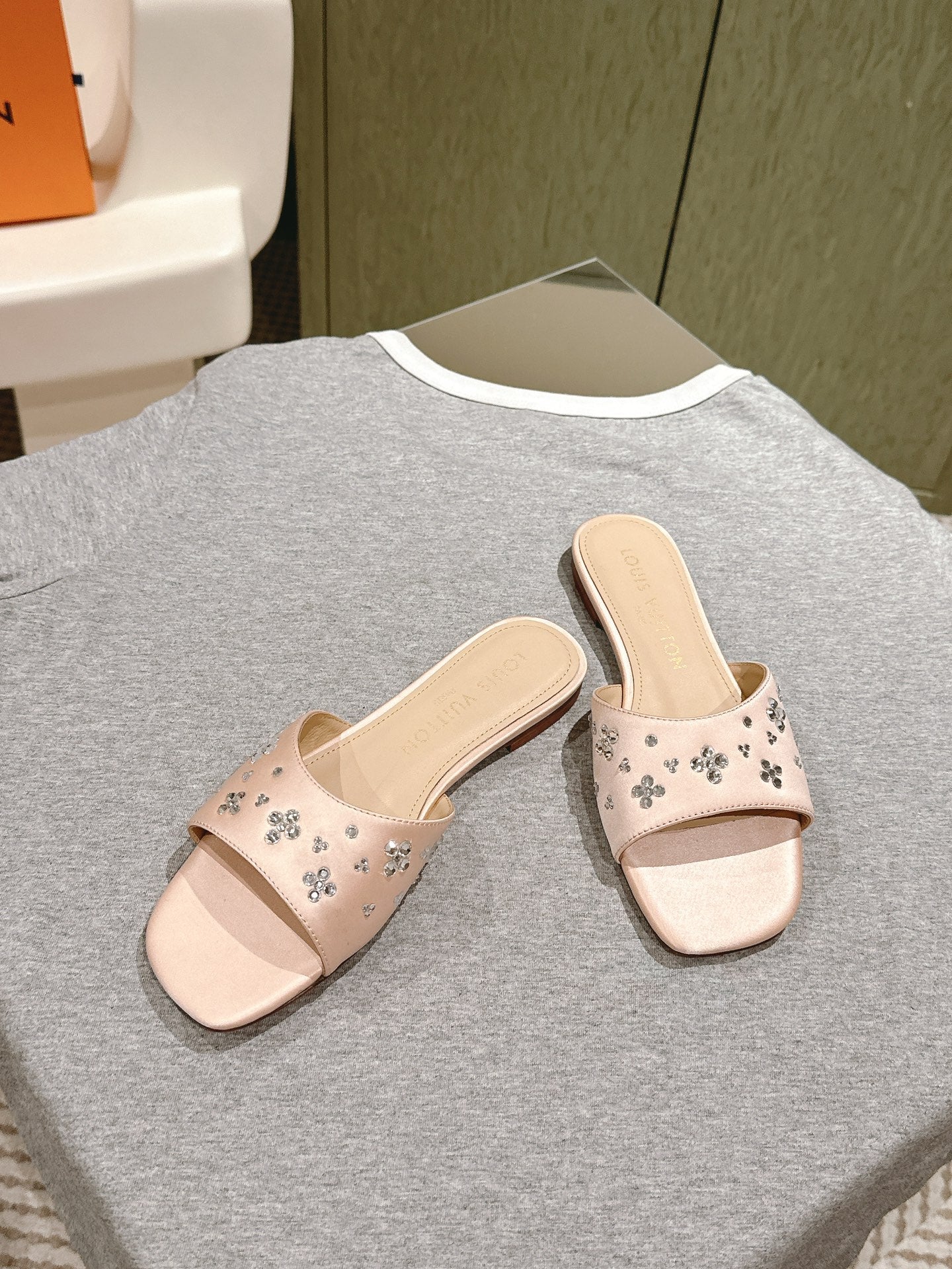 LOUIS VUITTON LV WOMEN FLAT MULE IN ALMOND BEIGE SATIN WITH RHINESTONE