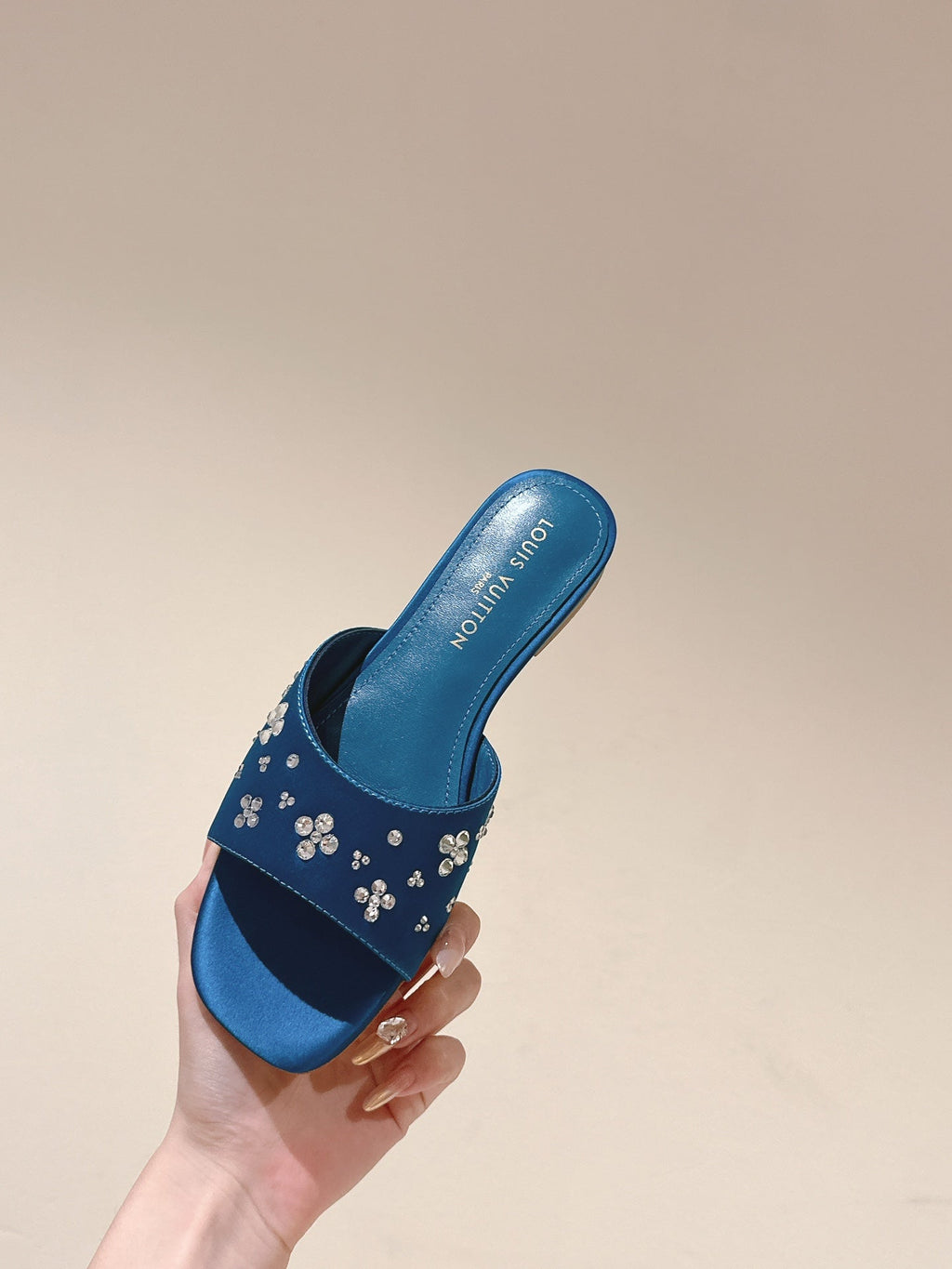 LOUIS VUITTON LV WOMEN FLAT MULE IN COBALT BLUE SATIN WITH RHINESTONE