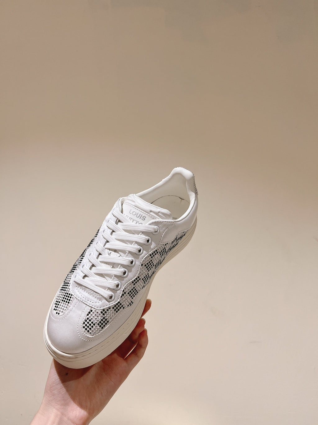 LOUIS VUITTON LV GROOVY SNEAKER IN WHITE MIX BLACK DAMIER STRASS AND CALFSKIN