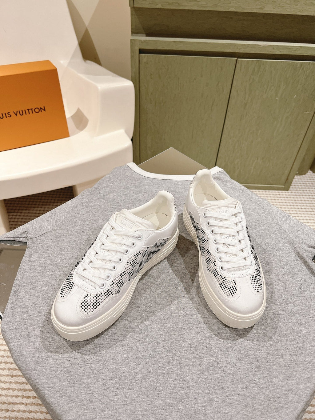LOUIS VUITTON LV GROOVY SNEAKER IN WHITE MIX BLACK DAMIER STRASS AND CALFSKIN