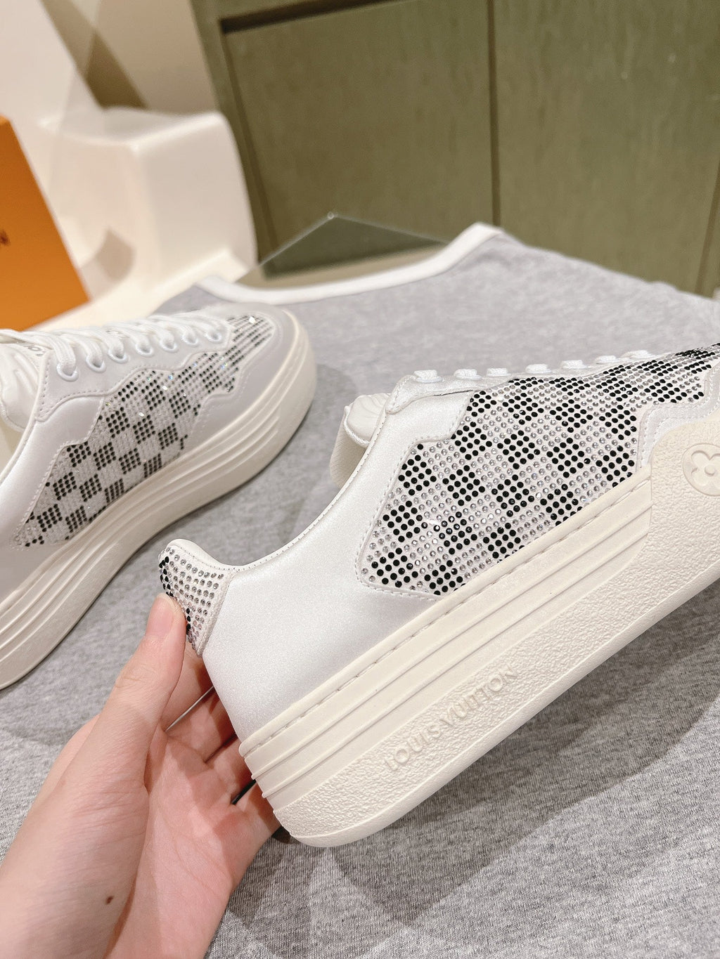 LOUIS VUITTON LV GROOVY SNEAKER IN WHITE MIX BLACK DAMIER STRASS AND CALFSKIN