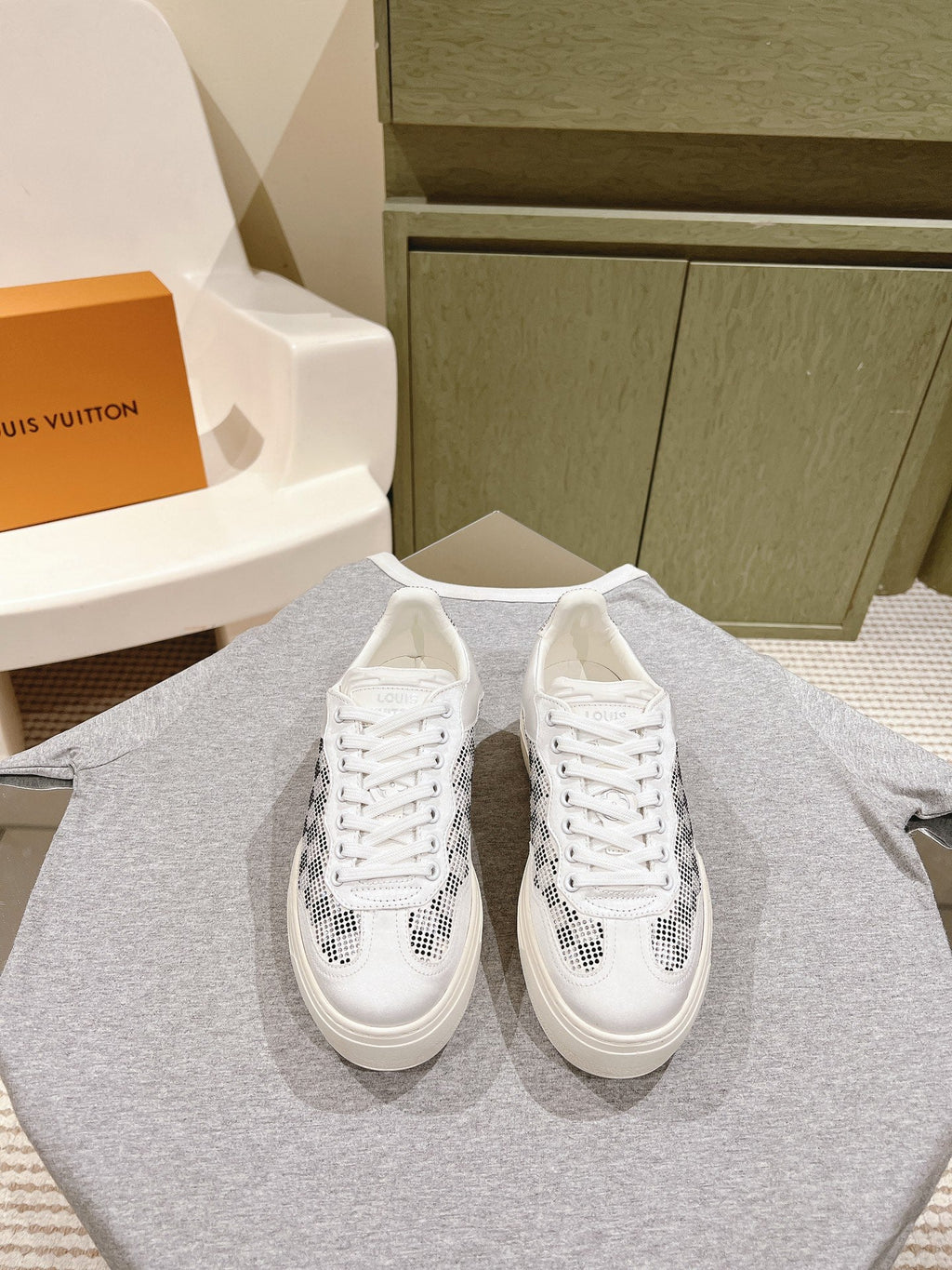 LOUIS VUITTON LV GROOVY SNEAKER IN WHITE MIX BLACK DAMIER STRASS AND CALFSKIN