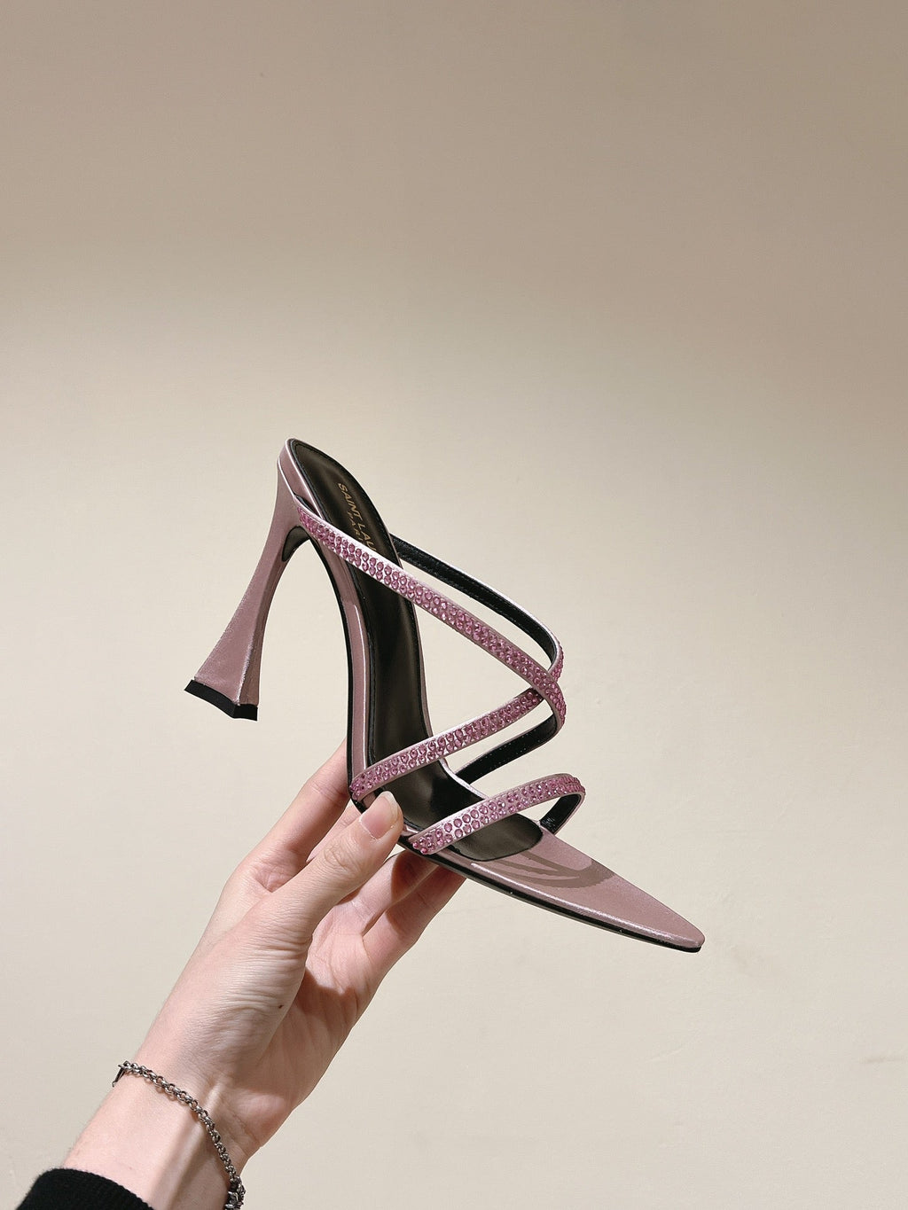 LOUIS VUITTON HIGH HEEL MULE 10 CM IN BABY PINK SATIN WITH RHINESTONES