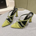 LOUIS VUITTON HIGH HEEL MULE 10 CM IN OLIVE GREEN SATIN WITH RHINESTONES