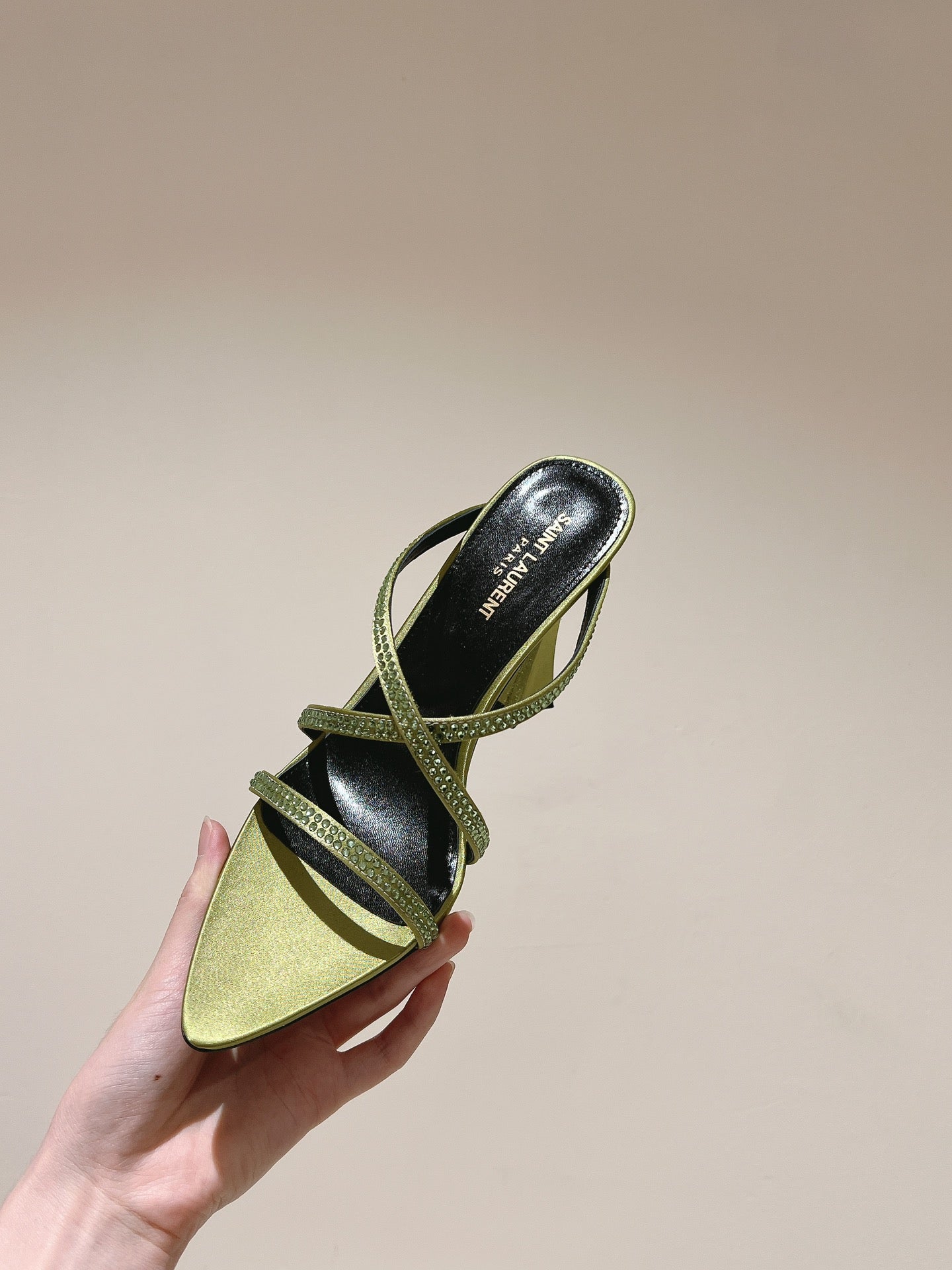 LOUIS VUITTON HIGH HEEL MULE 10 CM IN OLIVE GREEN SATIN WITH RHINESTONES