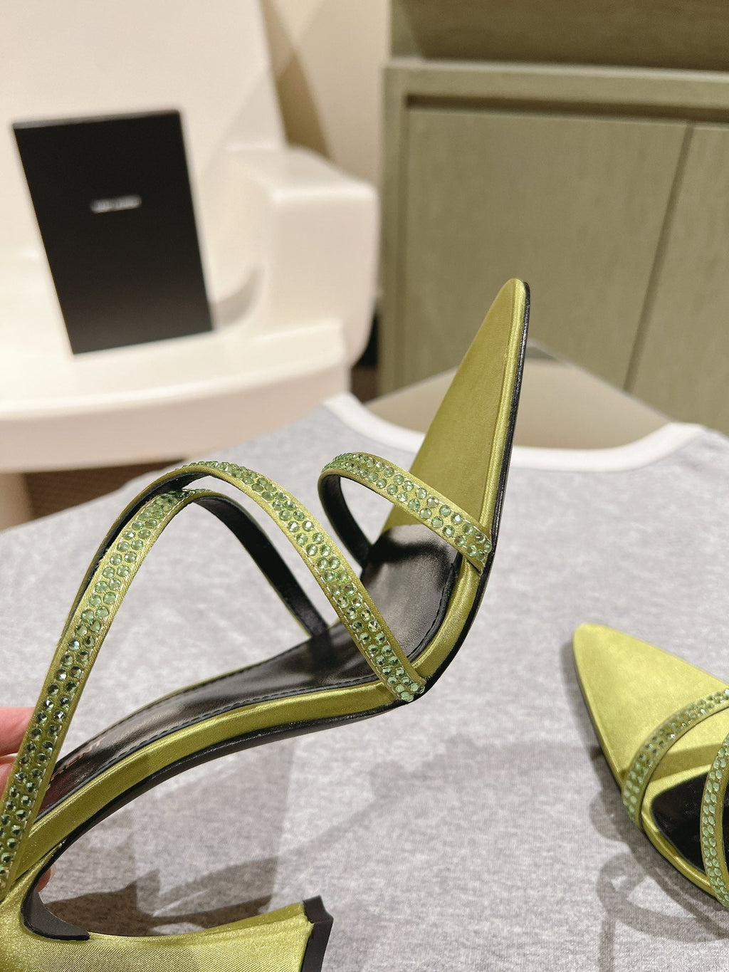 LOUIS VUITTON HIGH HEEL MULE 10 CM IN OLIVE GREEN SATIN WITH RHINESTONES
