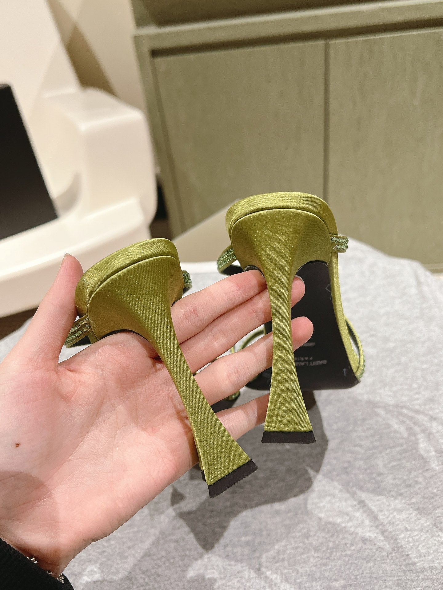 LOUIS VUITTON HIGH HEEL MULE 10 CM IN OLIVE GREEN SATIN WITH RHINESTONES
