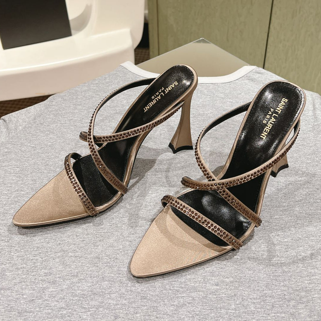 LOUIS VUITTON HIGH HEEL MULE 10 CM IN CAMEL BEIGE SATIN WITH RHINESTONES