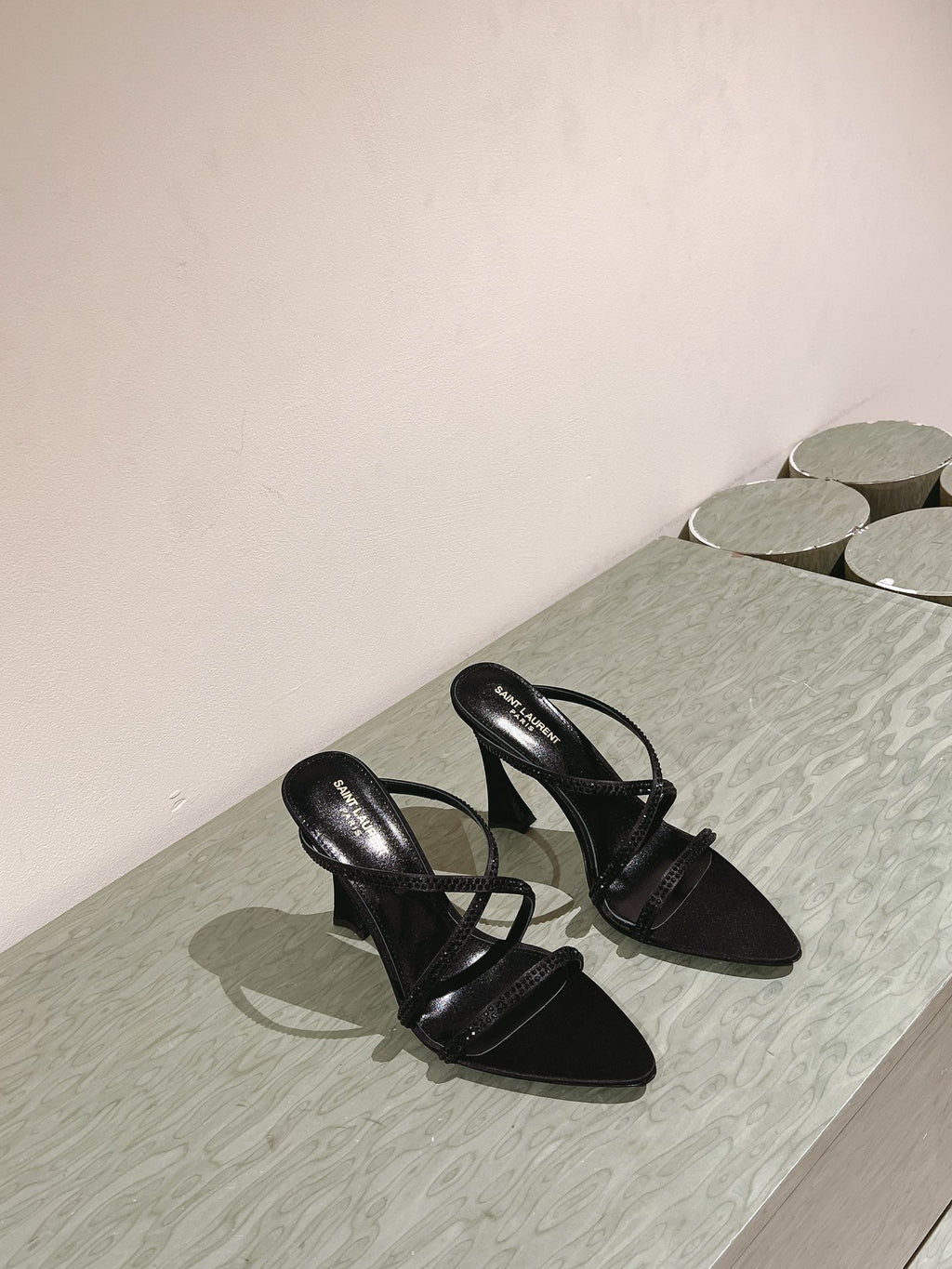 LOUIS VUITTON HIGH HEEL MULE 10 CM IN BLACK SATIN WITH RHINESTONES