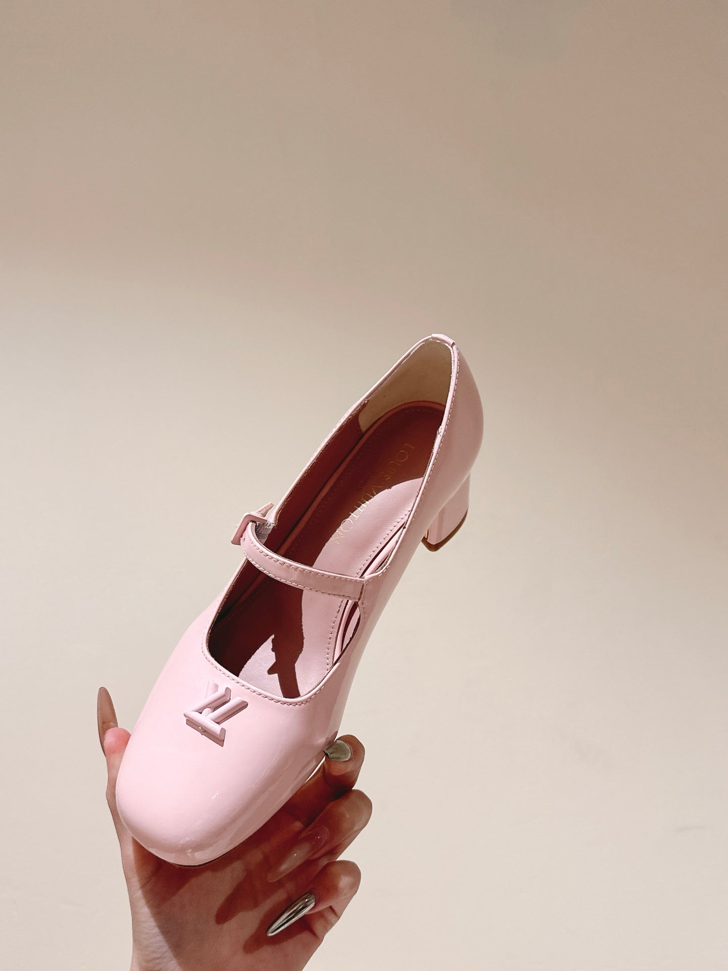 LOUIS VUITTON SWING HIGH MARY JANE 55 MM IN PALE PINK PATENT CALFSKIN