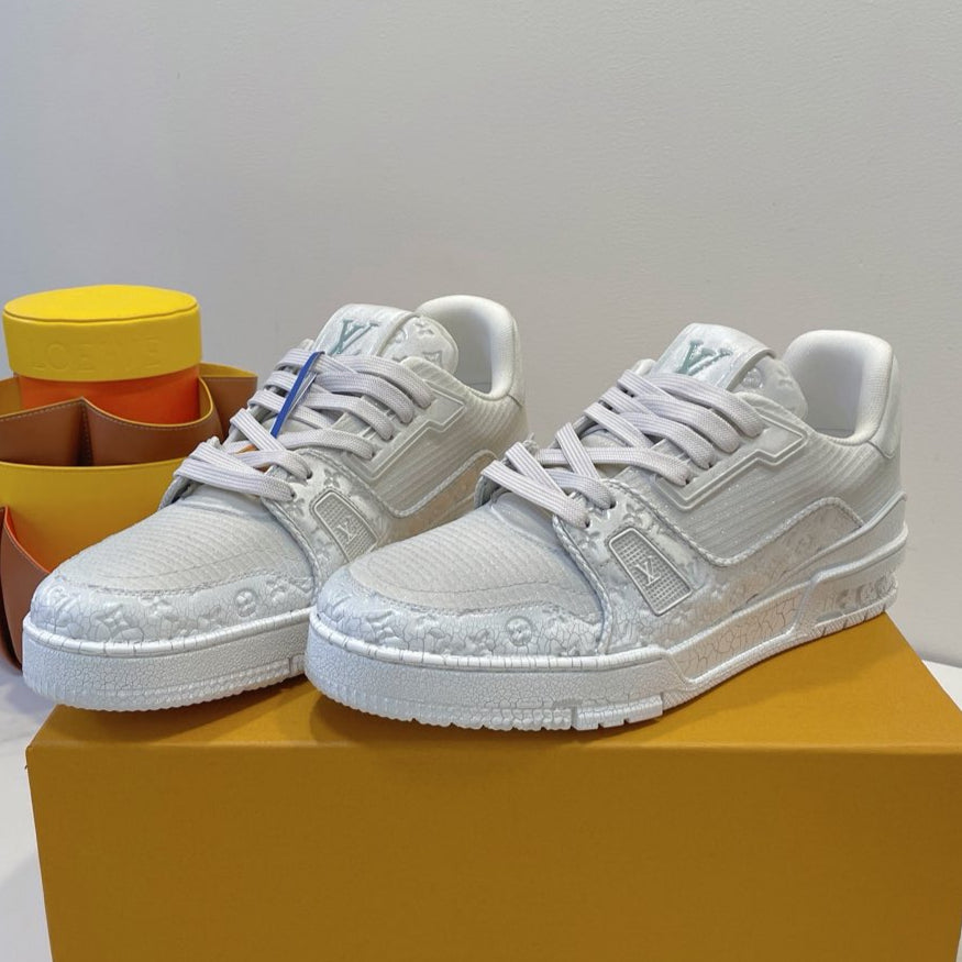 LOUIS VUITTON LV TRAINER MAXI SNEAKER IN WHITE EMBOSSED CALFSKIN