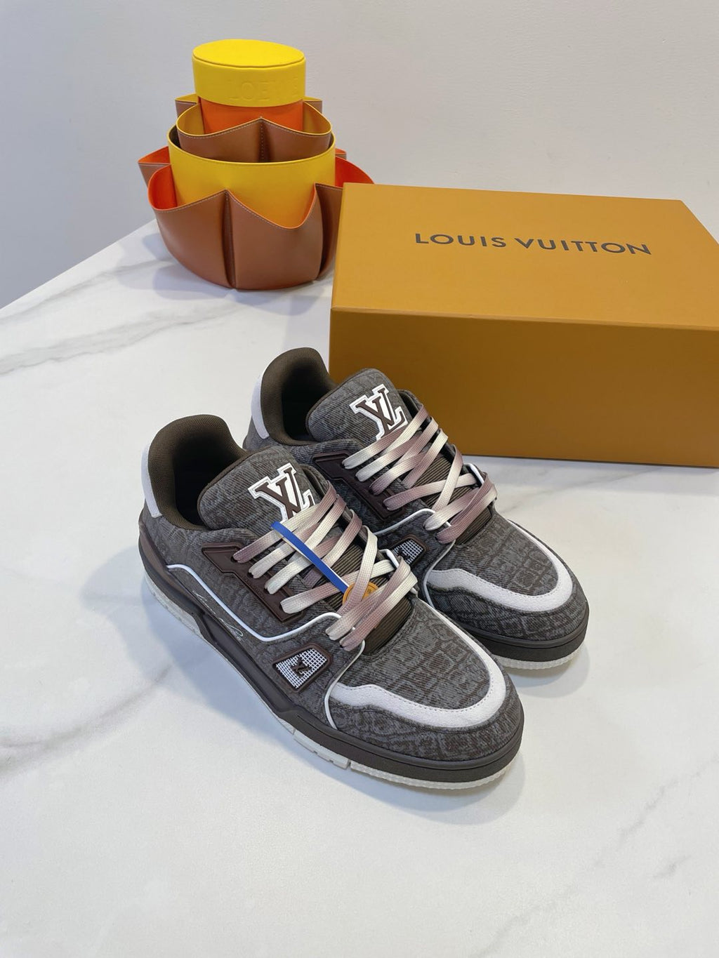 LOUIS VUITTON TRAINER SNEAKER IN WOOD BROWN MONOGRAM DENIM FABRIC