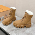 LOUIS VUITTON MARTIN ANKLE BOOTS IN PEANUT BROWN SUEDE AND WHITE SHEARLING LINING