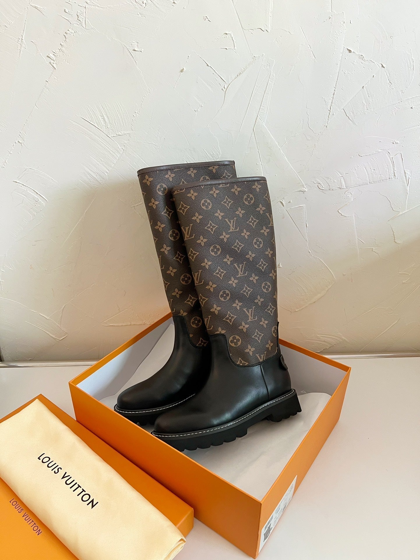 LOUIS VUITTON TERRITORY FLAT HIGH BOOT IN BLACK MIX CHOCOLATE BROWN MONOGRAM CALFSKIN