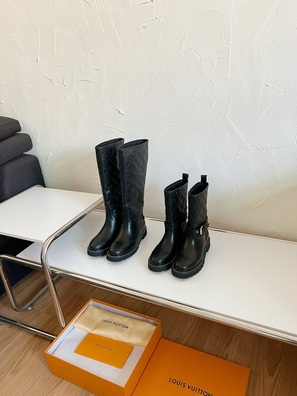 LOUIS VUITTON TERRITORY FLAT HIGH BOOT IN BLACK EMBOSSED CALFSKIN