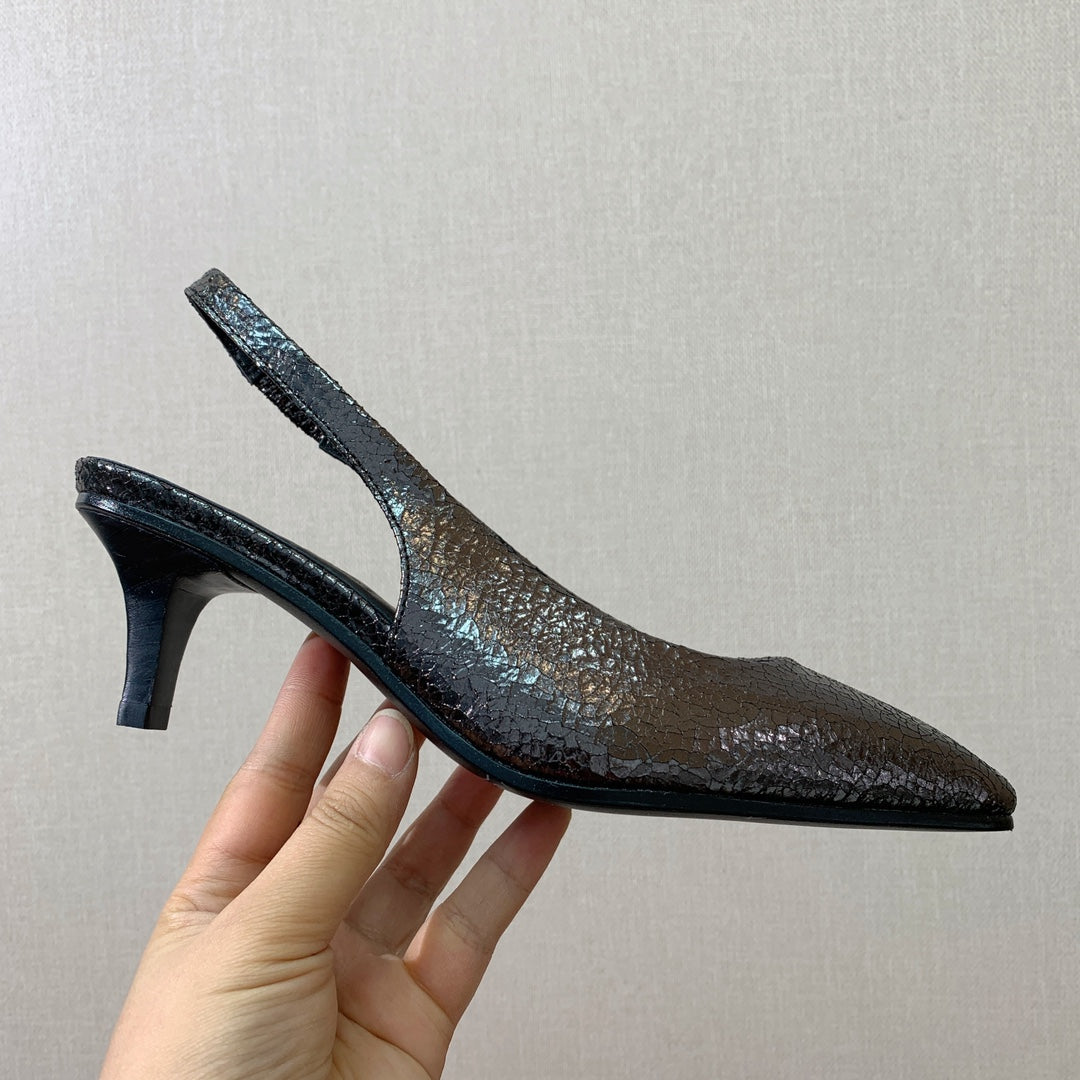 LP POINTED TOE MID-HEEL SLINGBACK DARK BROWN CALFSKIN