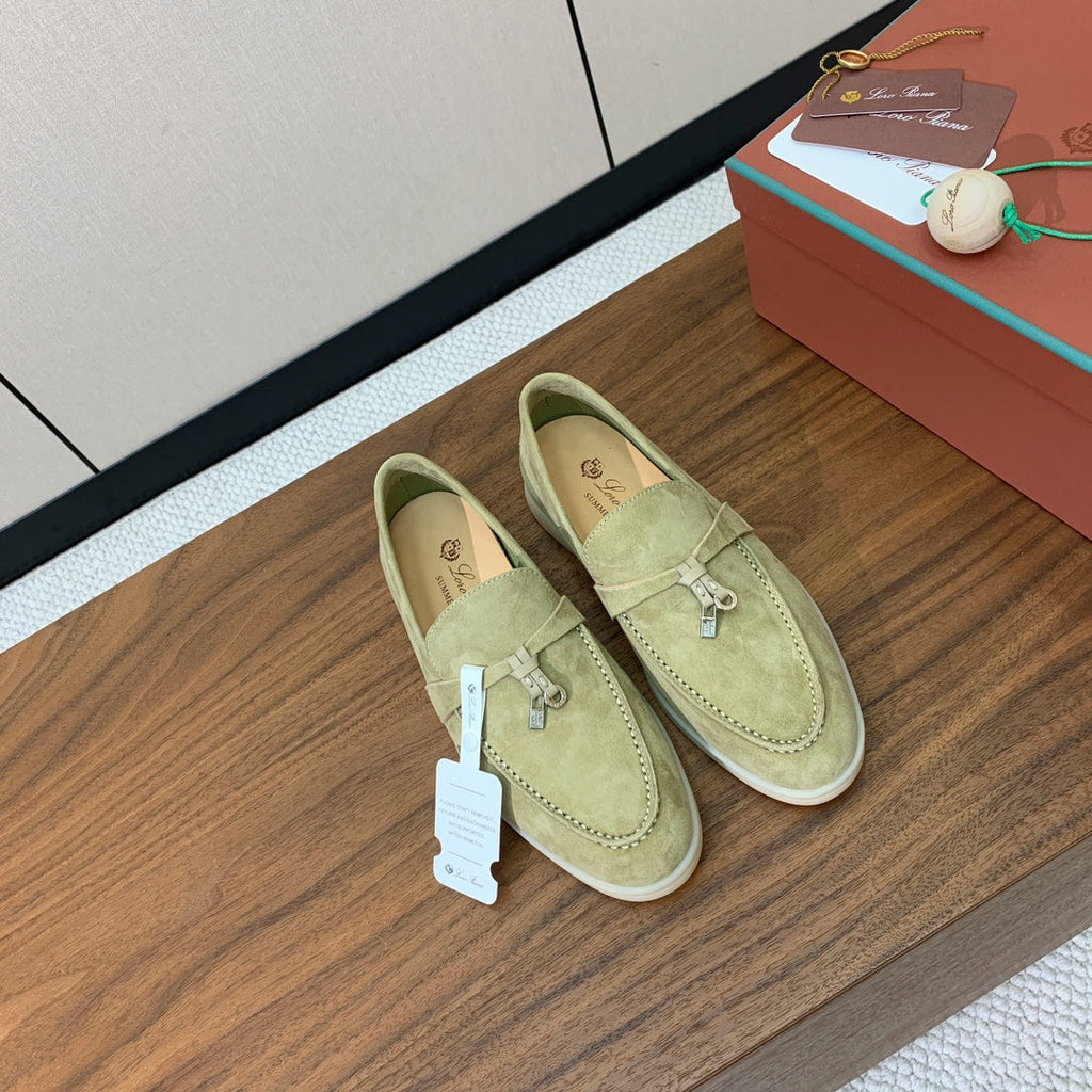LP LOAFERS 25S IN DRIED LEAF GREEN CASHMERE WITH SILVER HARDWARE