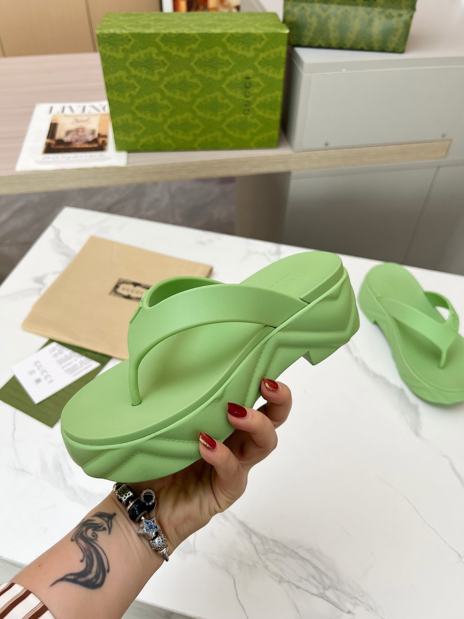 GUCCI THONG PLATFORM IN PISTACHIO GREEN IMPORTED TPU