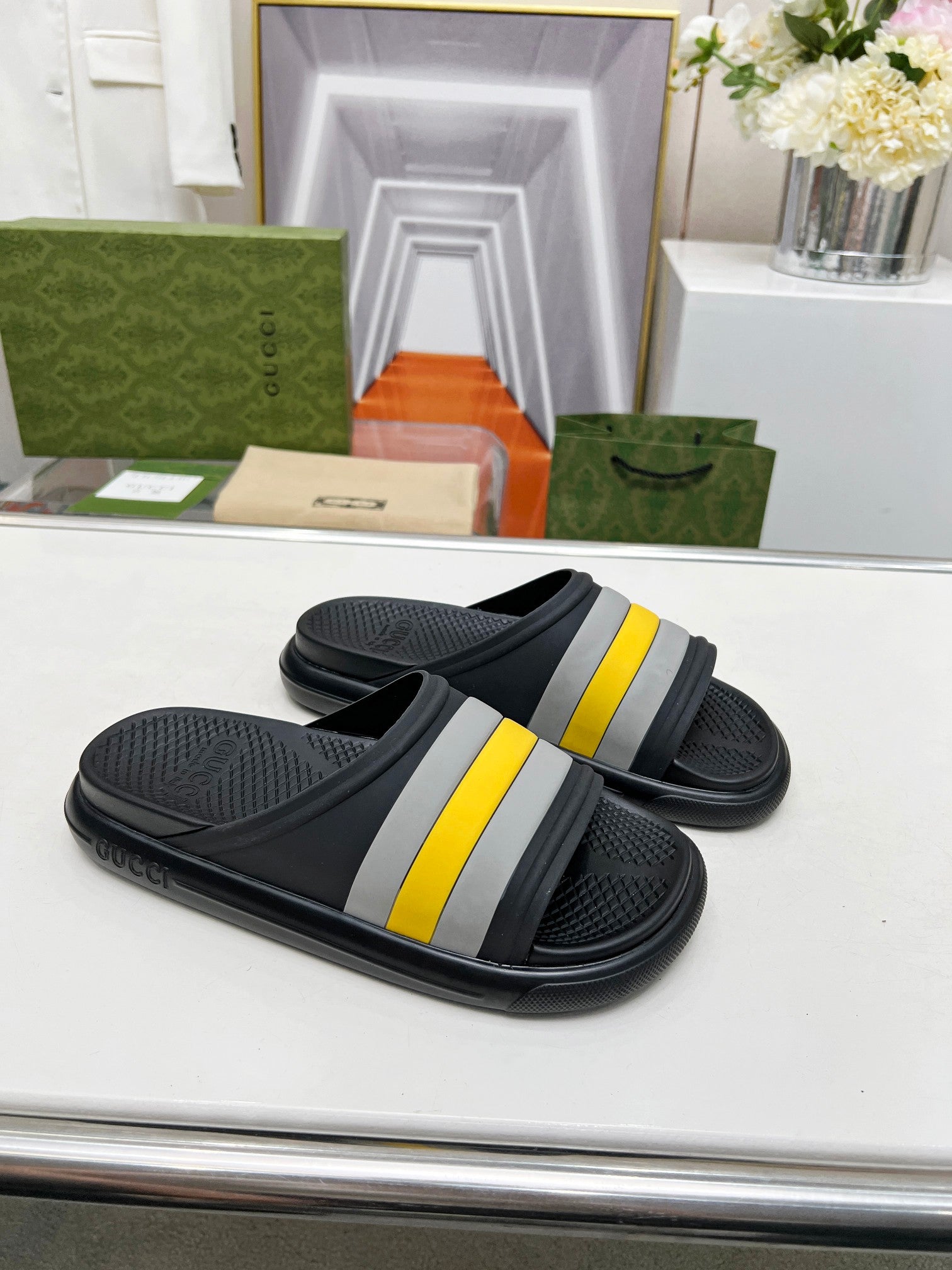 GUCCI PLATFORM SLIPPERS IN BLACK MIX GRAY AND YELLOW IMPORTED TPU
