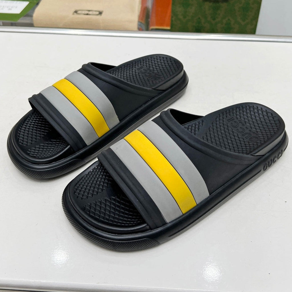GUCCI PLATFORM SLIPPERS IN BLACK MIX GRAY AND YELLOW IMPORTED TPU