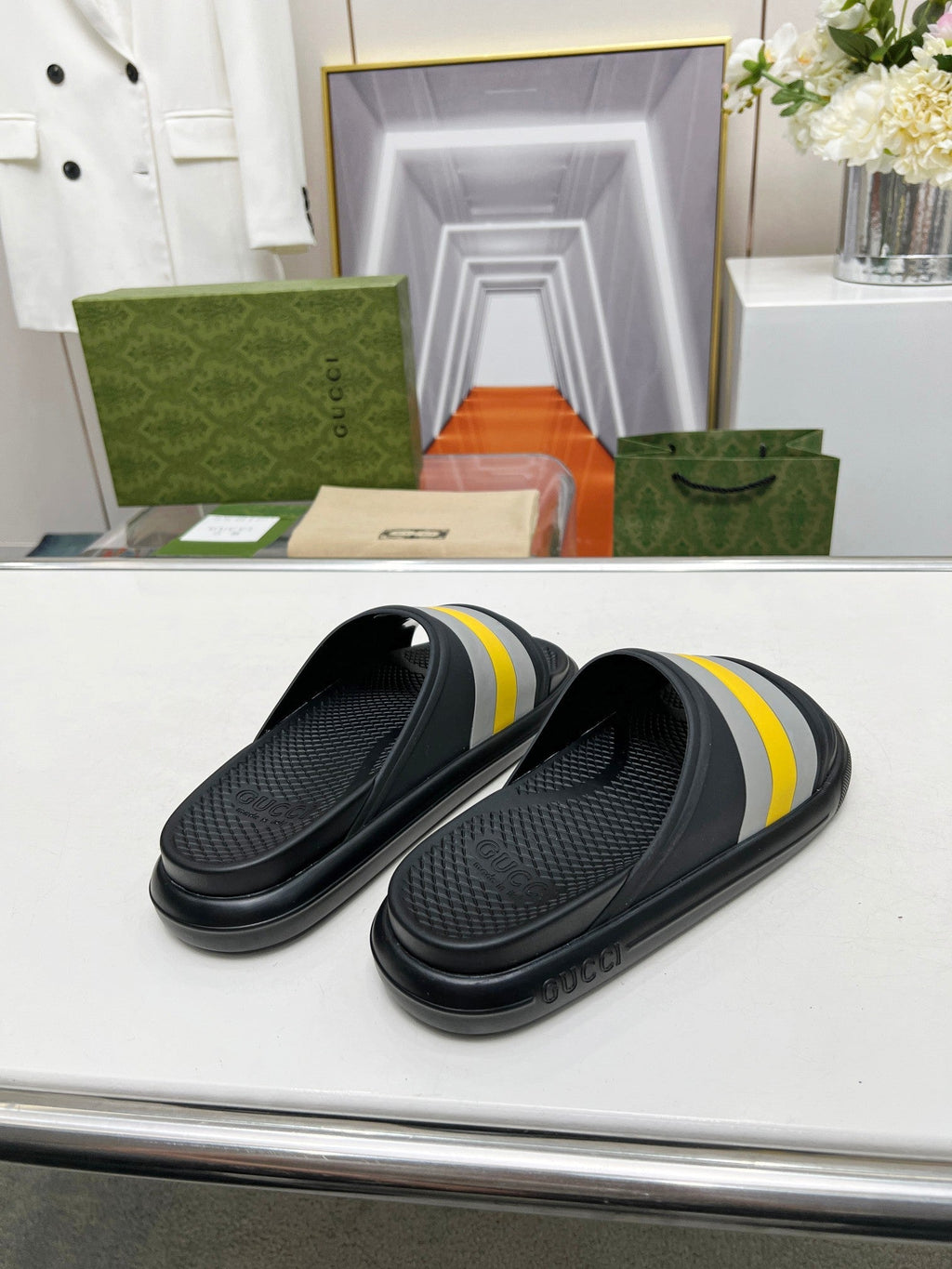 GUCCI PLATFORM SLIPPERS IN BLACK MIX GRAY AND YELLOW IMPORTED TPU