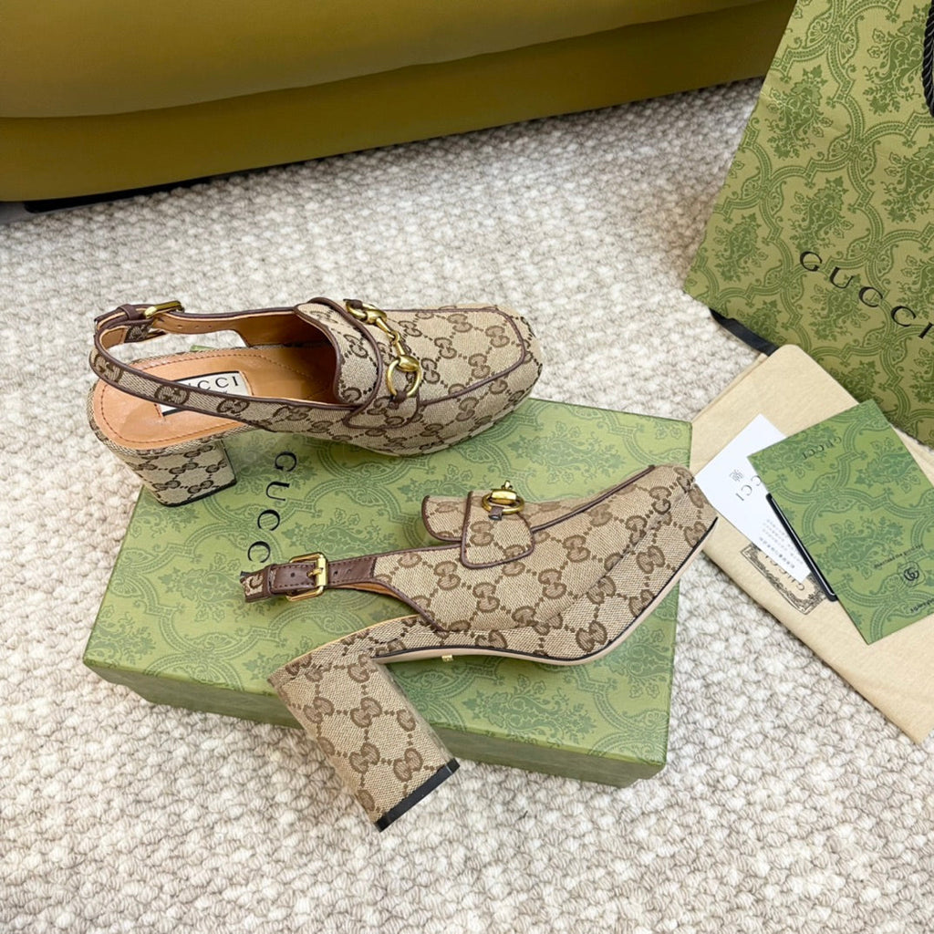 GUCCI HIGH - HEEL SLINGBACK WITH HORSEBIT LIGHT BROWN CALFSKIN