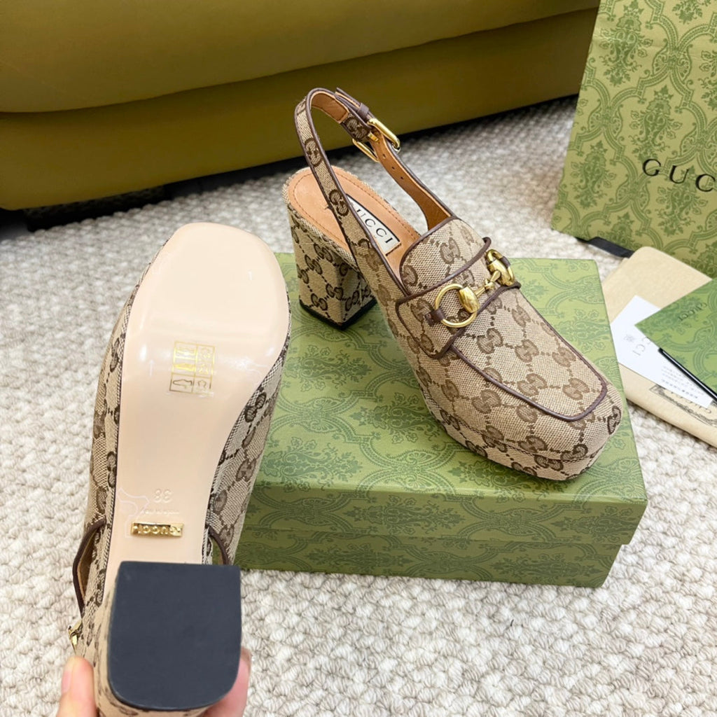 GUCCI HIGH - HEEL SLINGBACK WITH HORSEBIT LIGHT BROWN CALFSKIN