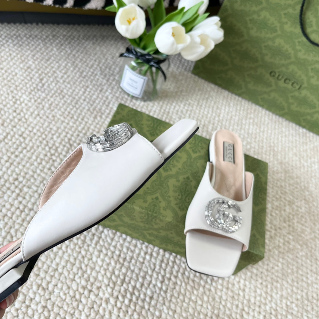GUCCI CRYSTAL SLIDES SANDAL WHITE CALFSKIN