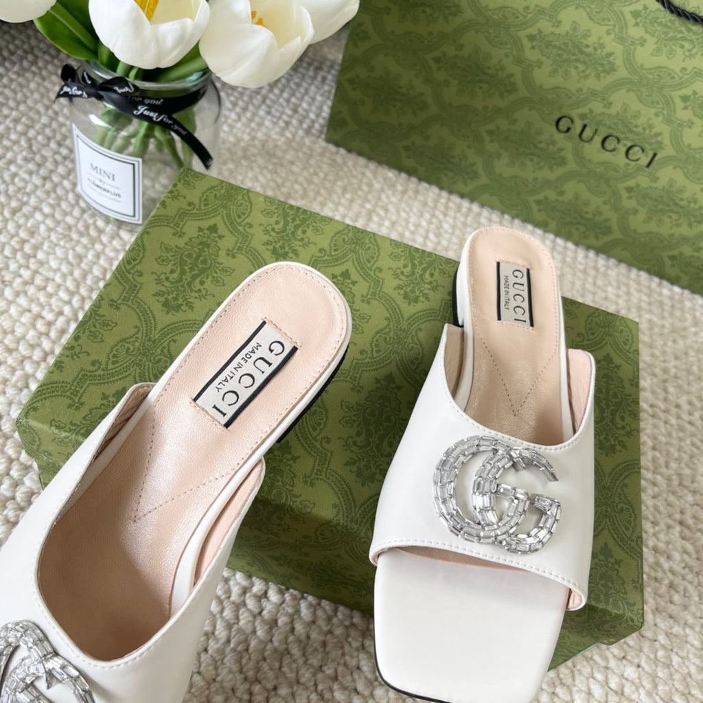 GUCCI CRYSTAL SLIDES SANDAL WHITE CALFSKIN