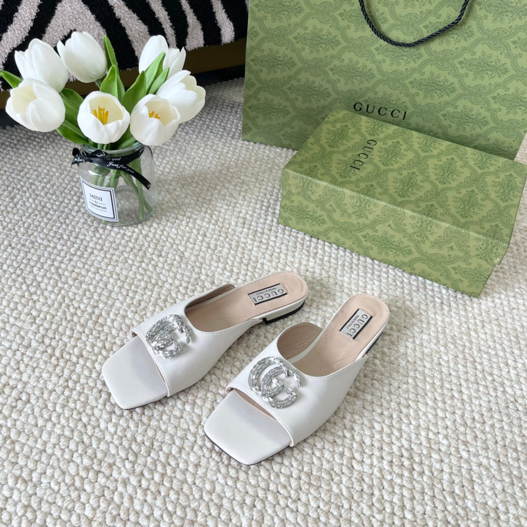 GUCCI CRYSTAL SLIDES SANDAL WHITE CALFSKIN
