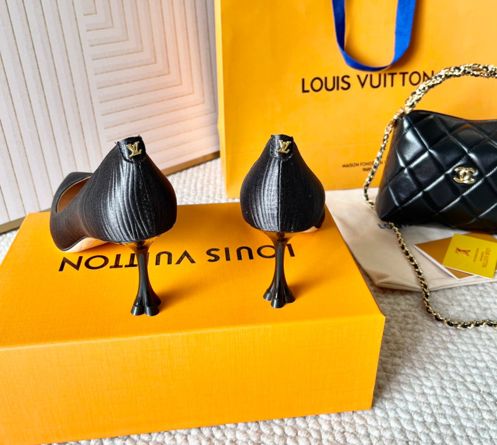 LOUIS VUITTON BLOSSOM PUMP 75 MM IN BLACK IMPORTED STRIPED SILK SATIN